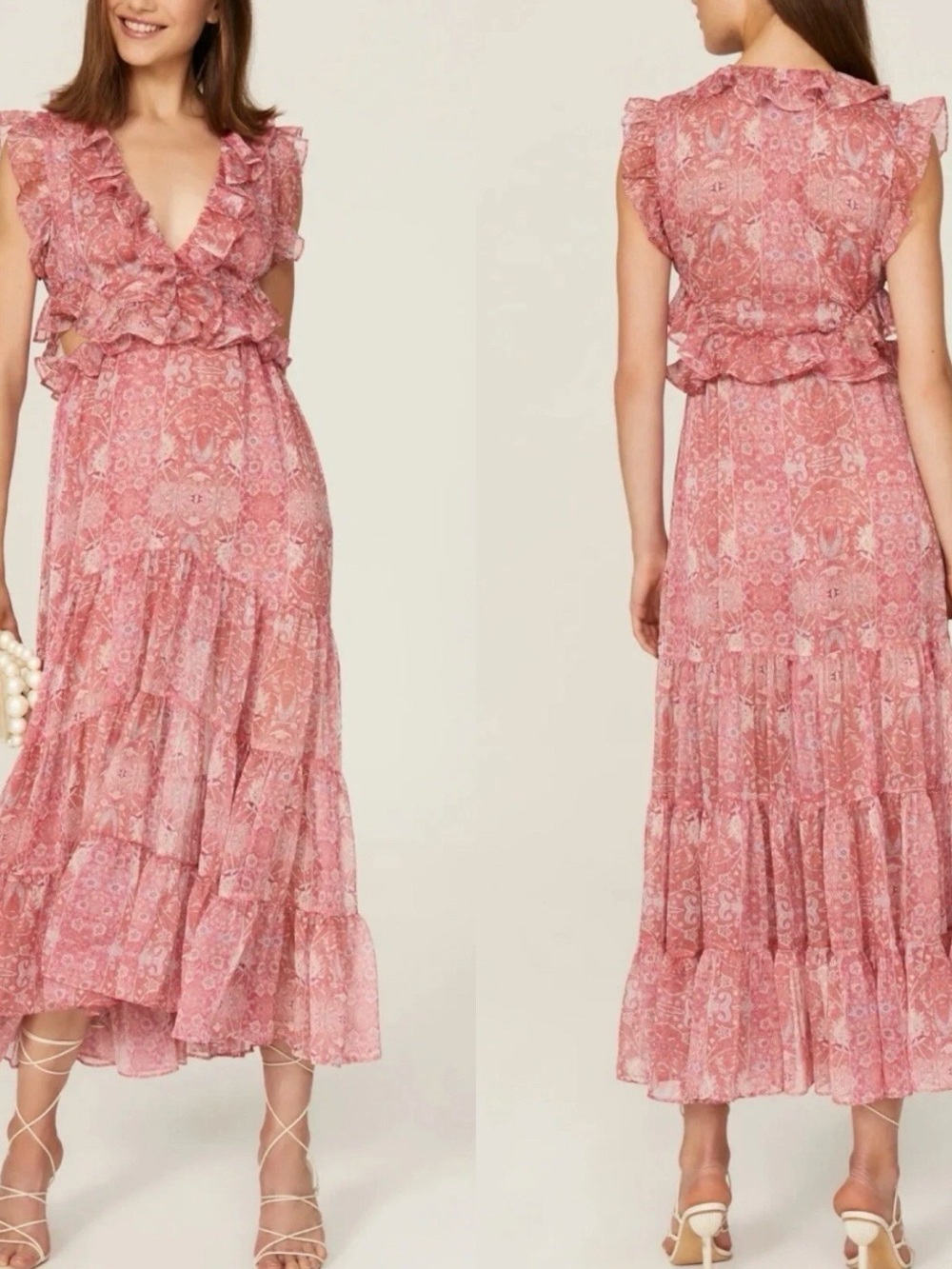 Misa Pink Ruffle Tiered Maxi Dress Brand New